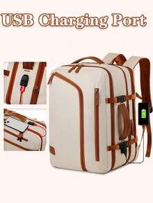 Khaki Oxford Cloth Casual Multifunctional Backpack, Unisex, No Print, Non-Washable, Dual Shoulder Straps, Large Capacity, Suitable For Travel And Outdoor Activities, Can Also Be Used As A School Bag To Store Study Supplies - Beige - View 3