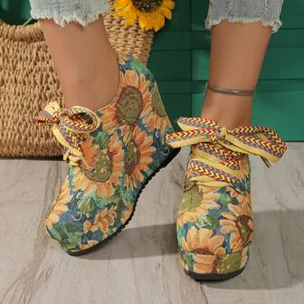 Fashion Lace-Up Platform Thick Sole Casual Shoes, Wedge Heel Thick Bottom Pumps For Plus Size Women, Spring/Autumn