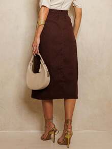 Saia Midi Feminina De Linho Com Fenda Estilosa E Cintura Flexível  e Elegante - Marrom - Visão 3