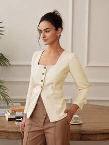Áo khoác blazer nữ cổ vuông, màu trơn, đa năng, phù hợp đi làm, mùa xuân. - Màu be - Xem 5