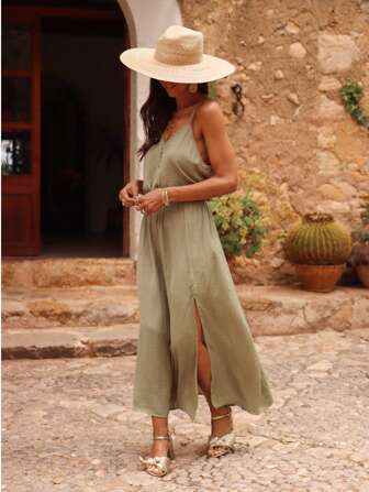 纯色波西米亚风开衩后背优雅蕾丝拼接吊带背心连衣裙