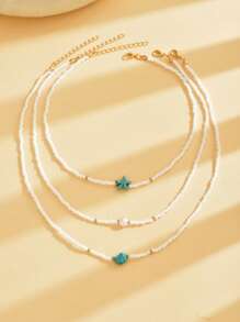 Set de 3 collares largos multicapa con cuentas y colgante de estrella de mar de vidrio, estilo bohemio, adecuado para que las mujeres los usen en vacaciones en la playa