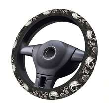 [Skull Steering Cover] 15 Inch Polyester Skull And Rose Elastico Car Steering Wheel Cover - Universal Fit, No Inner Ring - Black and White - View 5