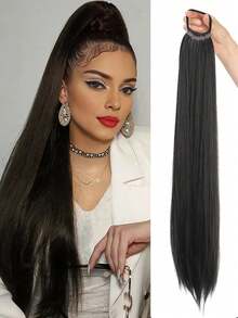 合成马尾辫接发松紧带黑棕色马尾辫接发 女士 24 英寸长直发柔软自然马尾辫 - 彩色 - 查看 19