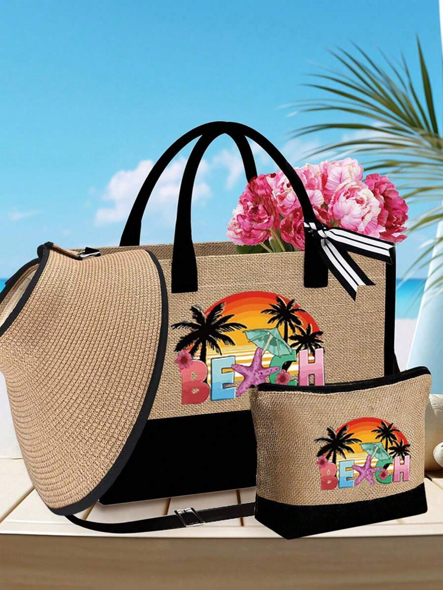 Set di borse da spiaggia per donne, borsa in tela per accessori da spiaggia, con cappello da spiaggia da donna a onde color kaki, borsa a tracolla, borsa a mano, borsa trucchi in lino, cappello da sole a tesa larga con protezione solare, cappello da viaggio da esterno a forma di fiocco