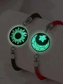 2 件/套手工情侣礼物手链套装，日月夜光阴阳玻璃手链，时尚百搭