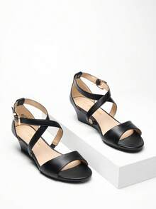 Plataformas y sandalias de cuña para mujer Tira Tobillera Elegante Vacación - NEGRO/PU - Ver 3