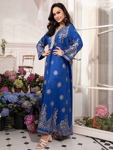 Floral Print Embroidered Tape Arabic Maxi Dress, Blue, Wedding/Holiday/Daily Wear, Spring/Summer 2025 - Blue - View 4