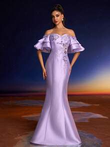 Anymoon Elegant High Waist Lace Sequins Fish Tail Dress Formal Evening Dress Suitable For Music Festivals, Graduations, Homecomings, Parties, Cocktail Parties And Wedding Event,Party Dress,Gown,Wedding Guest