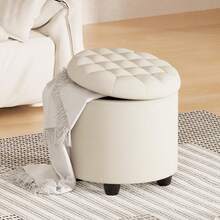 18.7inch Storage Round Ottoman, Footstools With Hidden Storage With Removable Lid, Stylish Button Tufted Design Ottoman Foot Stools For Living Room, Bedroom - Beige - View 8