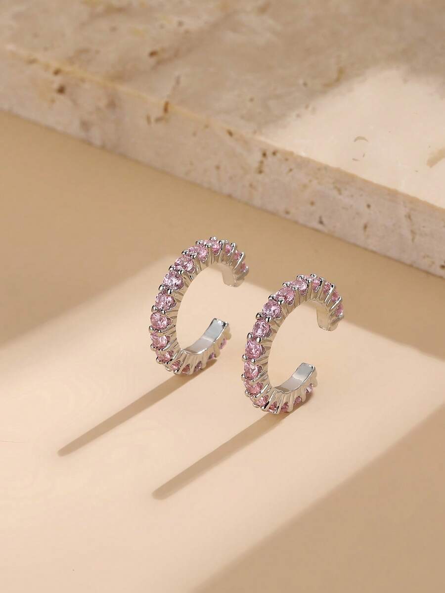 2pcs Fashion Cubic Zirconia No Piercing Clip-On Earrings For Women - Pink - View 1