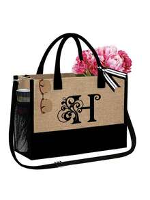 Black Khaki Patchwork Tote Bag Set, Black Vines Wrapped Around The Initial Letters A-Z, With The Same Series Of Color Block Makeup Storage Bag, Toiletry Bag, Wallet, Personalized Gift Bag, Fashionable Personalized Tote Bag - Khaki - View 59