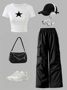 2pcs/Set Teenage Girls Fashion Star Pattern Ribbed Crew Neck T-Shirt And Outdoor Cargo Wide Leg Pants Sets