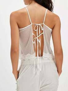 Women Sexy Tie Up Lace Trim Cami Tops Semi Sheer Crop Tops Y2k Girls Cute Summer Camisole Shirt Going Out Tops - 白色 - 查看 3