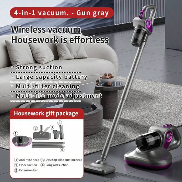 Cordless Handheld Dust Mite Vacuum Cleaner, Car & Home Use, High Suction Power, 2000mAh Battery Capacity
