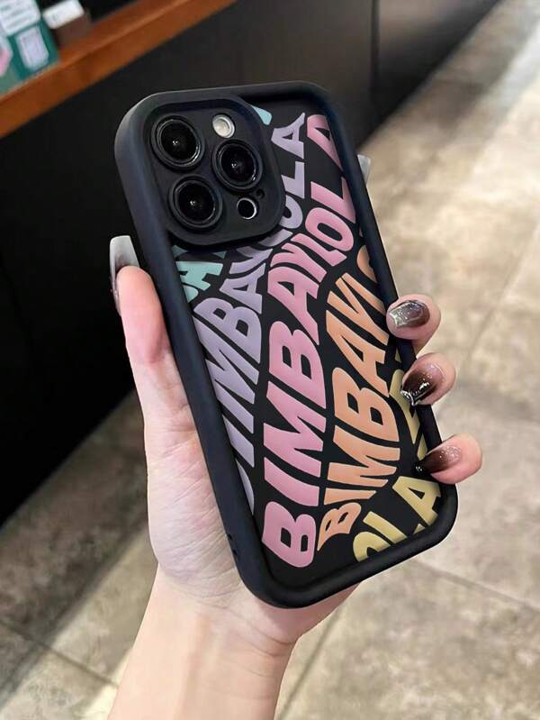 Funda de teléfono sencilla y de moda de color negro con grabado de letras y amortiguación, funda protectora suave para 16/15, pintura colorida para 15 Pro Max, 13/14 Pro, XS/XR/7P/8P/12/13/14 Pro Max