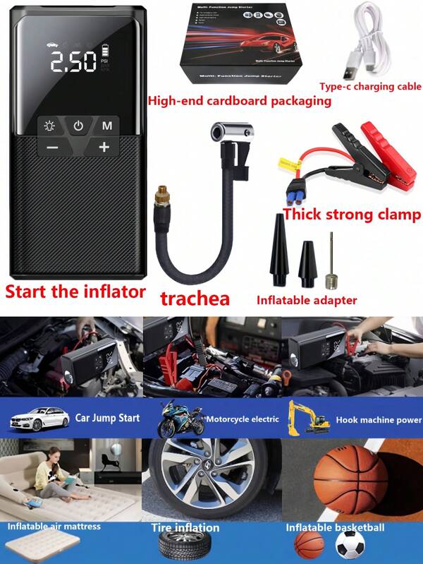 Car Jump Starter, 5000A Battery Jump Starter With Air Compressor, For Up To 2.64gal Gas And 2.11gal Engines, 12V Lithium Portable Jump Box Car Battery Jumper Start With LED Light Quick-Charge Battery Charger Power Bank