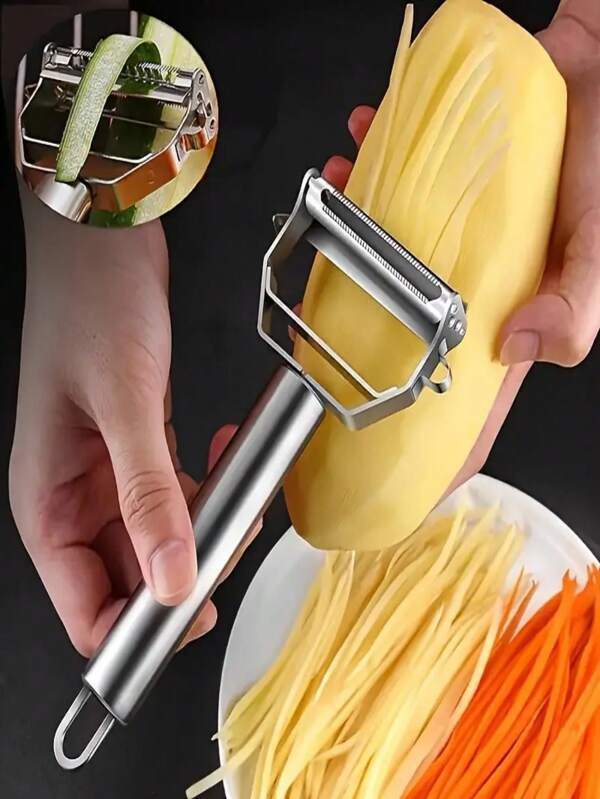 1pc Stainless Steel Dual Bladed Cutter - Multifunctional French Fry Cutter, Vegetable Chopper And Potato Slicer Kitchen Tool, For Home Cooking, Carrot, Eggplant, Potato Slicer, Stainless Steel Multifunctional Fruit And Vegetable Peeler - Efficient Kitchen Cutter, Grater, Slicer And Scraper, For Potatoes, Gourds, Etc. - Easy To Use Kitchen Gadget And Dormitory Essential, Random Color