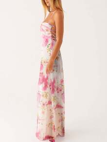 Floral Maxi Dress For Women Sexy Spaghetti Strap Sleeveless Long Cut Out Dress Bodycon Backless Boho Beach Dresses Purple - 白色 - 查看 3