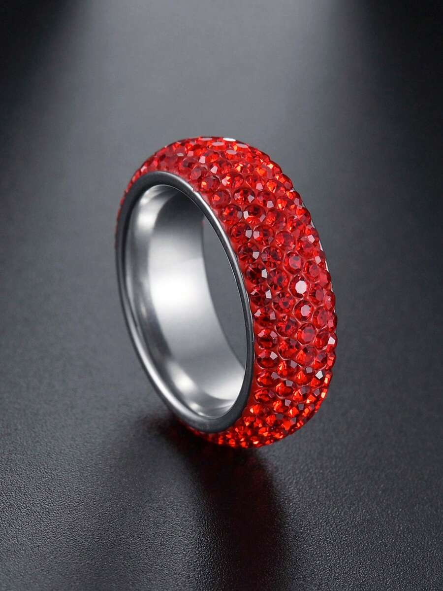 1 件不锈钢凸五排水钻情侣戒指，时尚百搭 - 紅色 - 查看 1