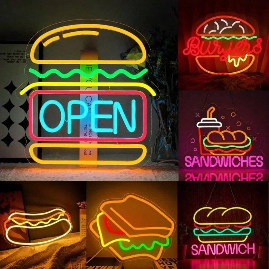 Burger And Sandwich Neon Sign Hamburger Shop LED Neon Light Fast Food Business Signs For Restaurant Kitchen Party Dimmable Light - Hamburger - View 1