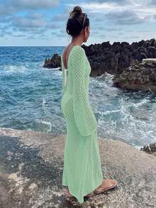 女士长袖镂空泳衣罩衫，优雅波西米亚海滩度假风V领连衣裙 - 薄荷綠 - 查看 8