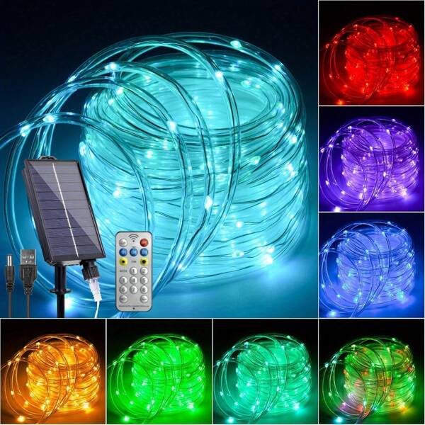 1 Pc Solar Powered Color String Lights - 393.7 Inch, 8 Lighting Modes, Timing, USB Charging, Adjustable Brightness - Color/Warm/Blue/Purple/Orange/Green LED, Remote Control, Solar Powered, Suitable For Yard, Tree, Garden, Fence, Camping, Party, Holiday Decor | Solar Powered Lights, Outdoor Lighting