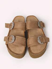 CIABATTE IN CAMOSCIO SINTETICO CON 2 FASCE E FIBBIA CON STRASS - Khaki - View 4