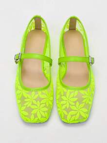 Chaussures plates de ballerine pour femmes en vert néon avec broderie florale, sandales d'été respirantes et ajourées en maille, babies carrées à grand maintien - Vert fluorescent - Voir 5