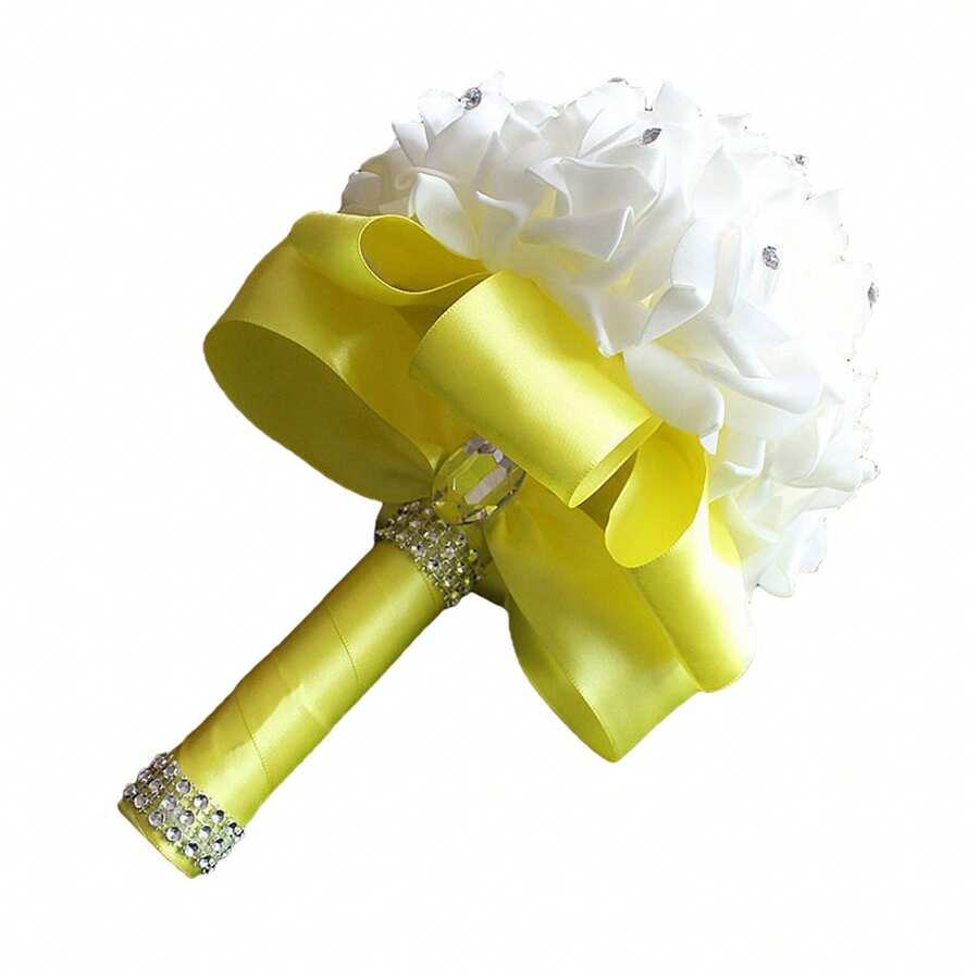 Artificial Wedding Bride Bouquet Handheld Bridesmaid Flower With Ribbon - Yellow - View 1