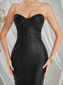 Black Gold Stamped Sheath Sleeveless Hip Wrap Evening Gown, Party Dress, For Cocktail