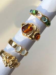 4 件水钻装饰戒指，复古时尚金属戒指适合日常、度假、派对、节日礼物 - 金黃色 - 查看 1