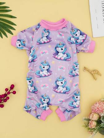 1pc Unicorn Print Pet One-Piece Pajamas, Adjustable Fit, Suitable For Small And Medium Dogs