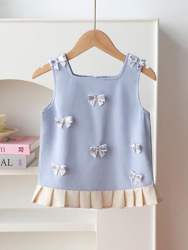 Young Girl's Sleeveless Crew Neck Simple Stylish Handmade Bow Tank Top, Suitable For Summer