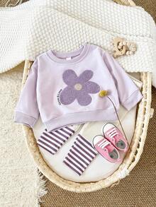 2 件套幼儿女宝宝花朵刺绣长袖运动衫 + 拼布裤套装，春夏