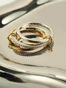 1 inel stivuit cu trei inele, incrustat cu piatră de zirconiu sintetic, material din cupru, verighă de nuntă pentru femei la modă și de ultimă generație