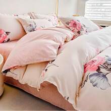 Conjunto de cama de flanela floral com 4 peças, incluindo 1 capa de edredom, 1 lençol plano, 2 fronhas, roupa de cama reversível com estampa floral para casa, dormitório, camping, adequada para todas as estações e como presente para o Dia das Mães