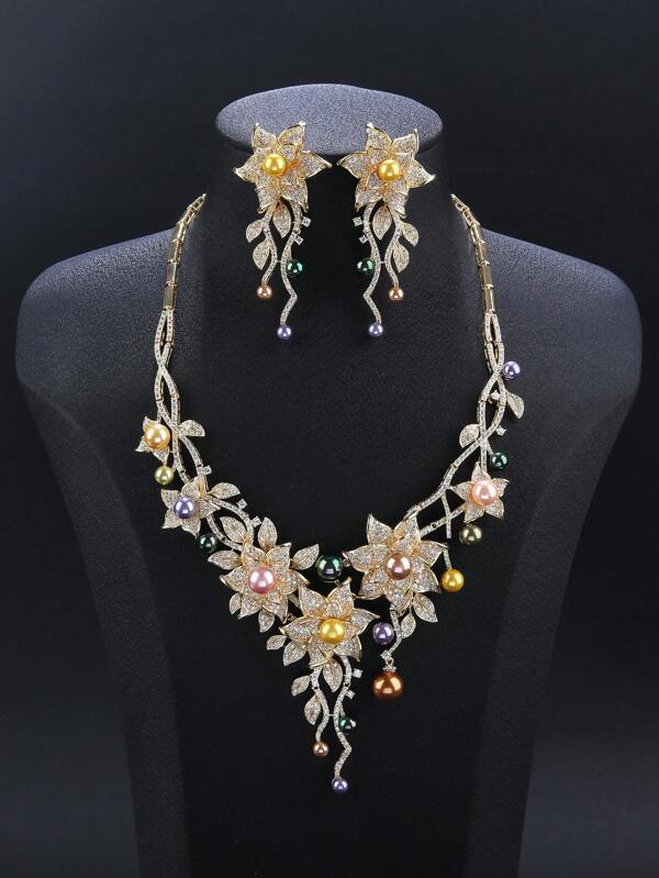 3pcs/Set Luxurious Cubic Zirconia Faux Pearl Jewelry Set - Necklace And Earrings, Suitable For Wedding, Party Dress, Holiday, Birthday Gift