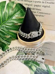 Set de 2 piezas: Collar de cadena cubana de alta gama con rhinestones y pulsera a juego, diseño unisex de hip hop, adecuado para el Día de la Madre, el Día del Padre, San Valentín, citas, bodas y uso diario