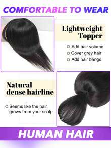 O-Shape Natural Black Straight Human Hair Topper With Bangs - 8" & 10" Real Human Hair Extensions For Thin Hair, Unisex Natural Look Hairpiece For All Ethnicities - Natural Black - View 3