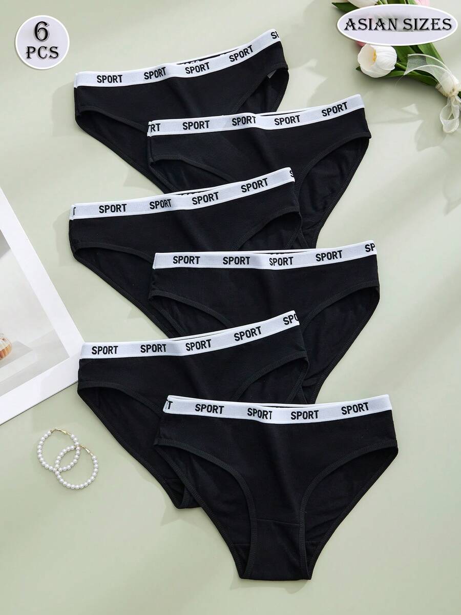 Calcinha de algodão com 6 peças, cintura média, cor sólida, feminina, estilo fada, confortável, doce, fofa, com letras do alfabeto, calcinha preta, básica, esportiva, lingerie feminina