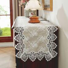 European Style Floral Lace Embroidered Polyester Table Runner - Woven Double Layer Shiny Satin Fabric, Festive Coffee Table Decor For Kitchen Dining, Indoor Outdoor Dinner Party Decoration, Ideal Gift