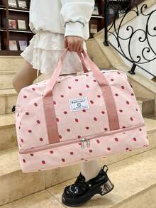 Corduroy Strawberry Print Luggage Overnight Travel Duffel Bag, Large Capacity Gym Sports Yoga Tote, Wet Dry Separate Weekend Shoulder Handbag With Shoe Compartment, Casual Portable For Business, Vacation, Outdoor, Skiing, Fitness, Labor And Delivery Bag For School School Accessories School Stuff