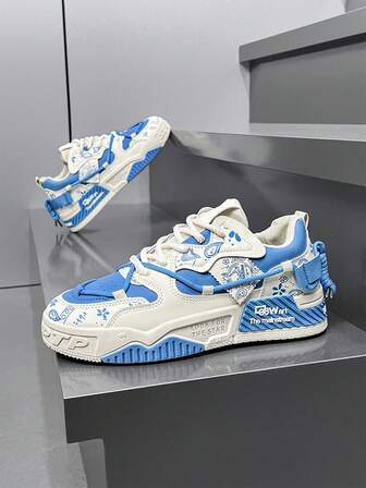 夏季新款男士透气百搭小众原创休闲运动鞋，厚底防滑运动涂鸦图案随意休闲运动鞋，系带交叉带，适合日常通勤户外活动