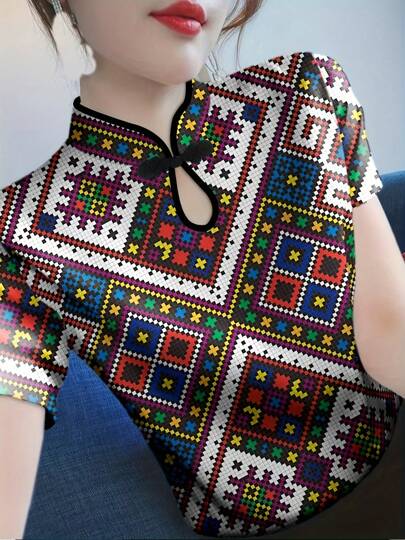 Modified Cheongsam Collar Short Sleeve T-Shirt Women Summer New Fashionable Printed Layering Slim Fit Blouse