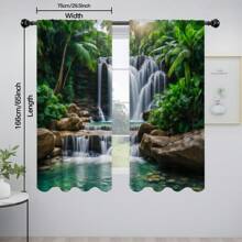 2pcs Tropical Waterfall Print Sheer Curtains, Elegant Style Semi-Transparent Polyester Curtains, Machine Washable, Rod Pocket Hanging, No Lining, Suitable For Living Room And Bedroom Decor