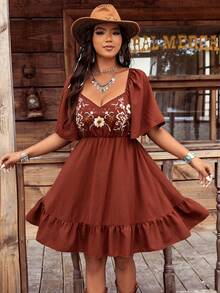 波西米亚风格女式刺绣荷叶边领袖迷你连衣裙 - 棕色 - 查看 1