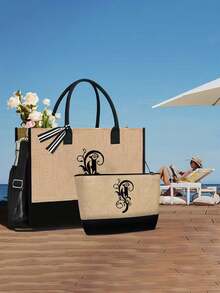 Black Khaki Patchwork Tote Bag Set, Black Vines Wrapped Around The Initial Letters A-Z, With The Same Series Of Color Block Makeup Storage Bag, Toiletry Bag, Wallet, Personalized Gift Bag, Fashionable Personalized Tote Bag - Khaki - View 8