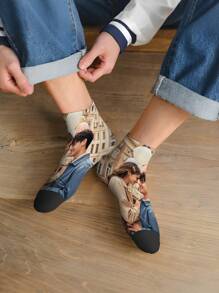 1 Pair Of Printed Socks Men, Custom Personalized Photo, Heat Transfer 360 Degree Print, Personal Face Graphic, Funny Couple Photo Graphic, Premium Summer Socks, Men's Sport Ankle Socks, White Socks For Everyday Wear, Unique Whimsical Gift For Mother's Day, Father's Day And Special Occasions, Black Socks