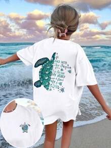 Camiseta de manga corta con cuello redondo y estampado gráfico novedoso para niñas preadolescentes, top de verano